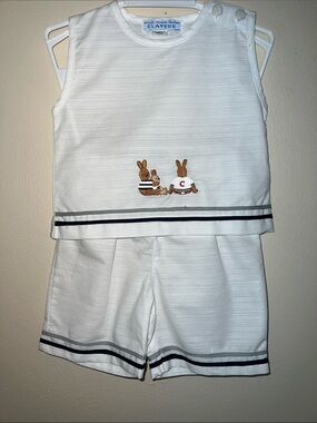 Vintage Clayeux French White Tank & Shorts Set with Brown Bunny Embroidery